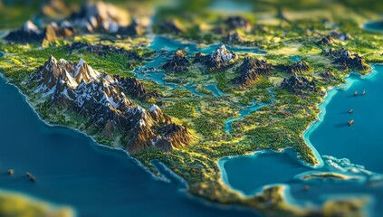 Detailed 3D map of a stylized North American region, showcasing diverse terrain.  Features towering mountains, lush forests, flowing rivers, and coastal areas