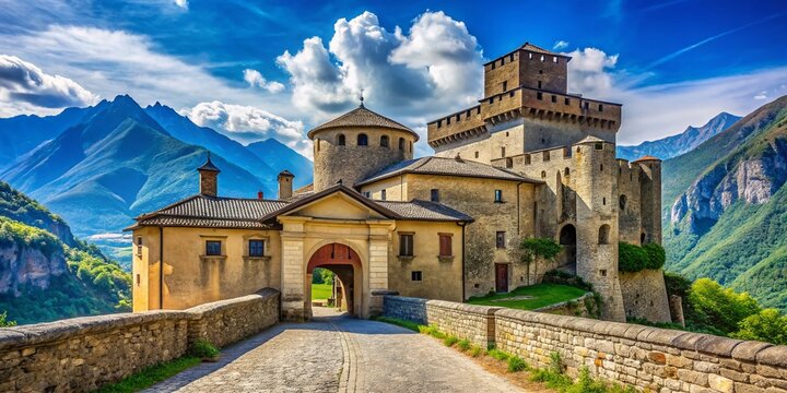 Fortress on the Hill: A majestic ancient castle stands proudly atop a verdant hill, with rugged mountain peaks and a dramatic sky providing a breathtaking backdrop.
