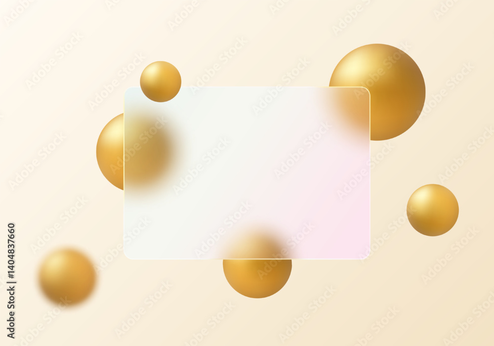 Poster light gradient background with translucent info panel and golden spheres. abstract background in gla