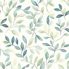 Watercolor Illustration Pattern: Blue and Green Leaves on Off-White Background