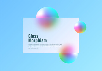 Minimalistic vector illustration with soft gradient background, glowing 3D spheres and translucent matte panel. Glass morphism style website landing page design template.