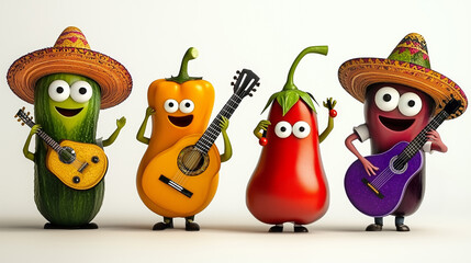 Funny 3d cartoon vegetables, veggie band playing music, colorful joyful veggies orchestra with guitar, ukulele, maracas or castanets in vivid yellow, red, green and purple color, fun witty tasty humor