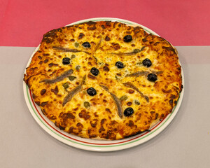 Cheese pizza with black olives and herbs on white plate for Italian food visuals