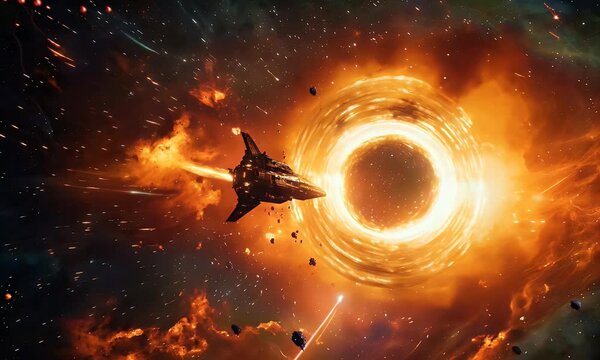 Glowing wormhole opening in space, spaceship approaching for intergalactic travel