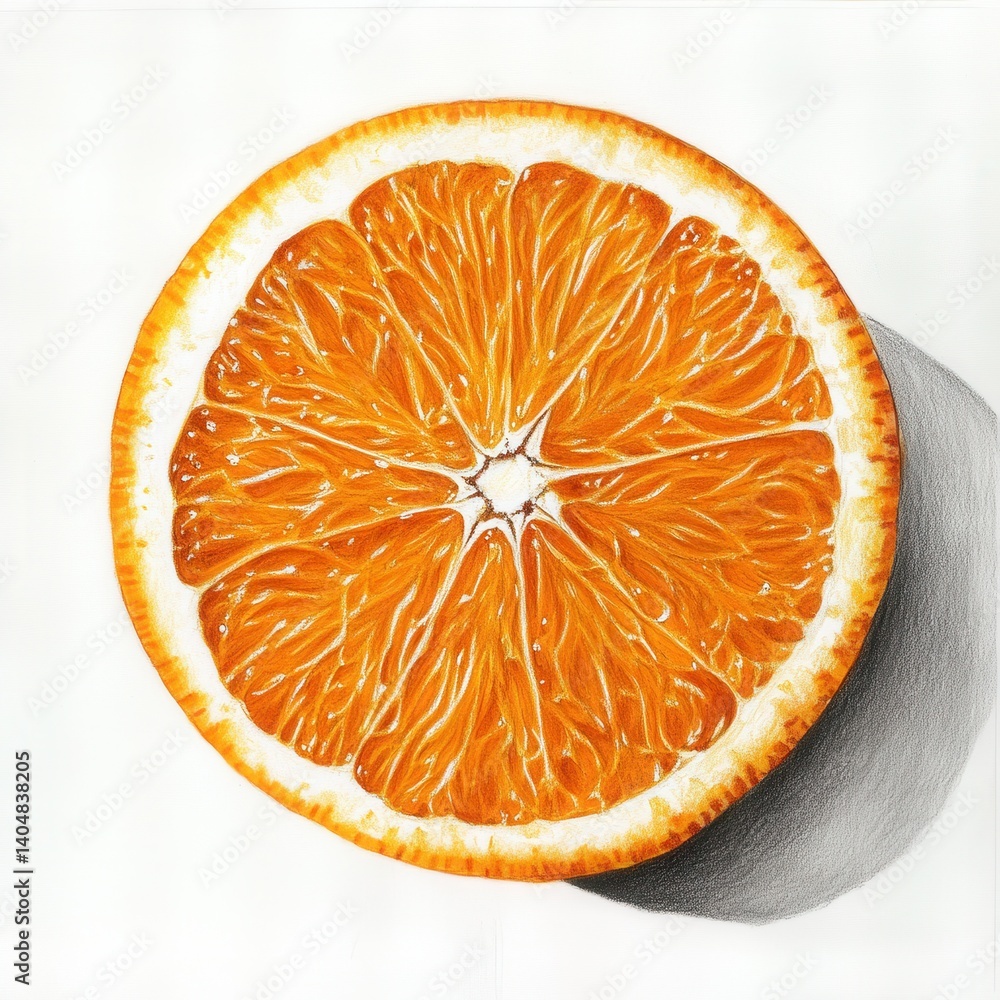 Poster vivid cross-section illustration of a ripe orange, highlighting the juicy pulp and textures with a s