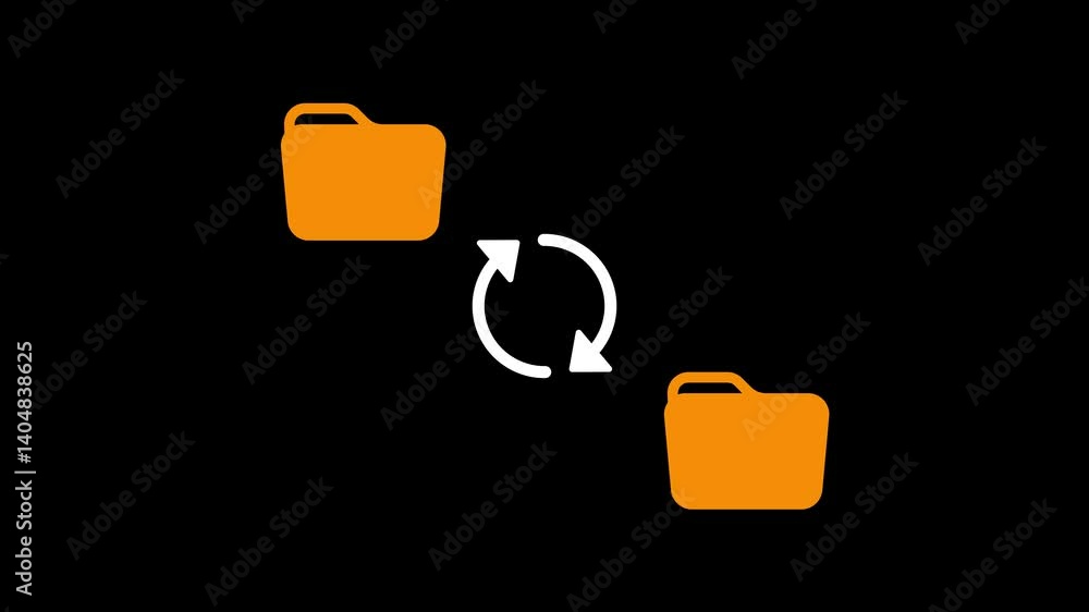 Poster file transfer animation with folders and rotating arrows on a black background