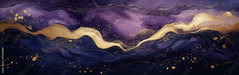 Poster elegant abstract waves of gold shimmer across a canvas of deep indigo and lavender, creating a luxur