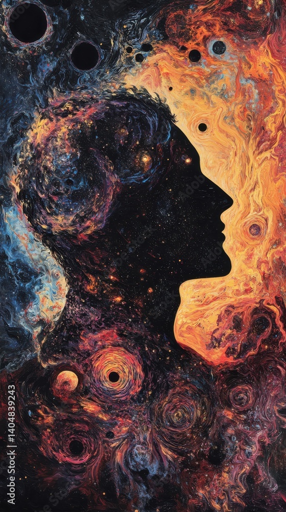 Poster a mystical depiction of a man's profile filled with cosmic elements, symbolizing the inner universe 