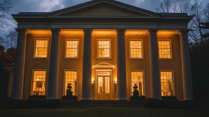 Illuminated grandeur, majestic architecture under a twilight sky