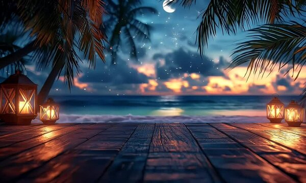 Romantic night on a tropical beach with lanterns
