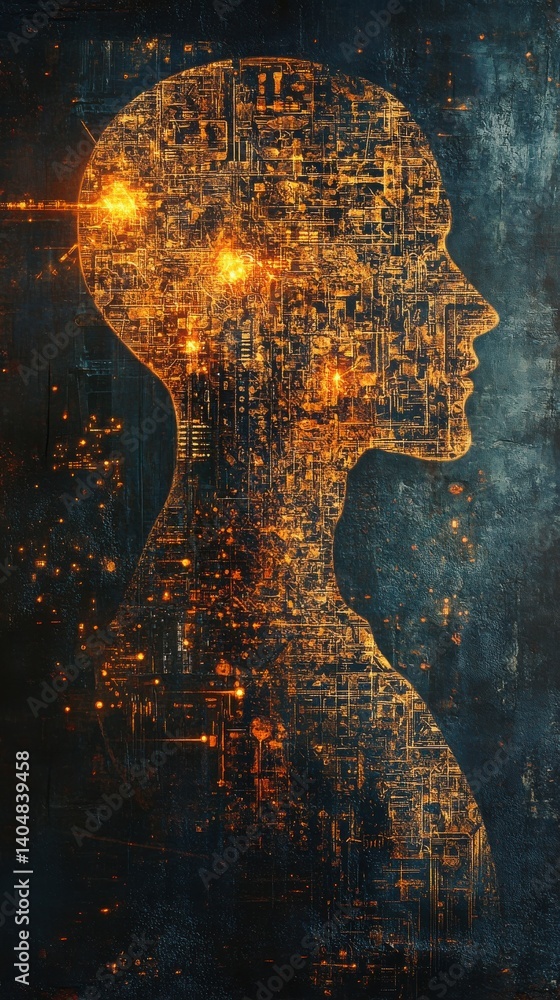 Poster abstract depiction of a man's profile filled with circuitry and light against a textured dark blue b