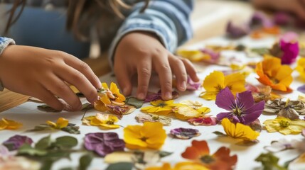 Child's hands arranging colorful pressed flowers on a white surface in a creative craft activity