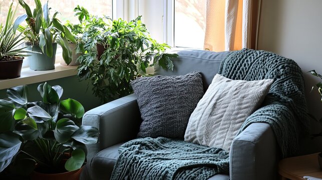 A cozy bedroom corner with pillows, throw blanket, and houseplants