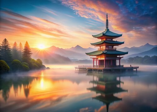 Tranquil Japanese Pagoda at Sunrise: A serene Japanese pagoda rests on the water's edge, with mist gently rising as the sun breaks through the clouds, casting a warm, golden light on the landscape.