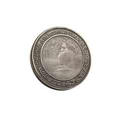 Ancient Silver Coin with Intricate Design and Mythological Figure