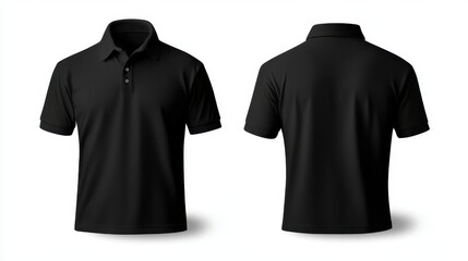 Black polo shirt displayed from front and back, showcasing fabric texture and design details