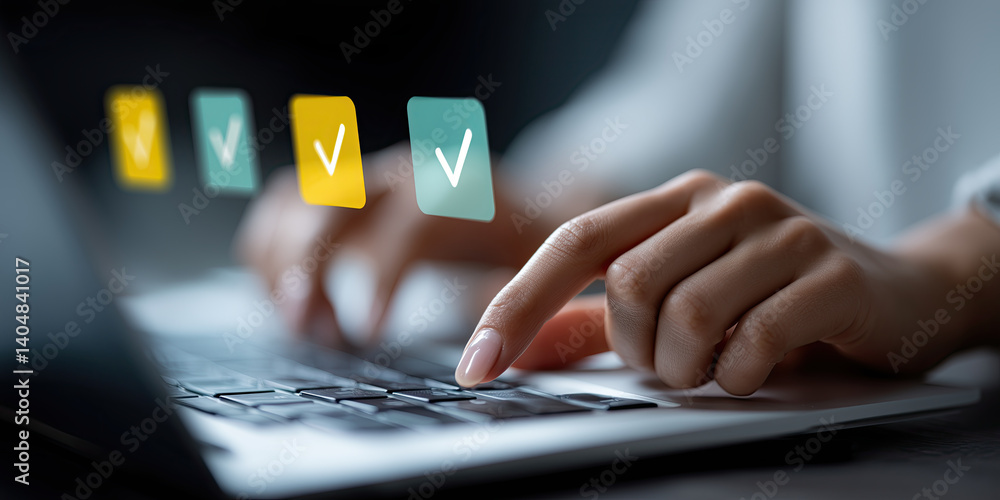 Poster person using laptop with checkmark icons on screen, symbolizing task completion
