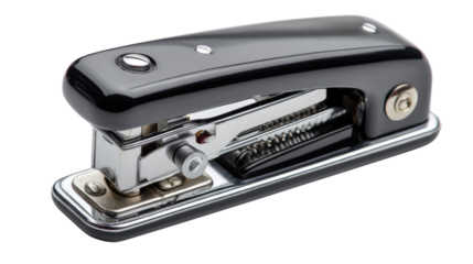Black Stapler: A compact and sleek black stapler, designed for efficiency and style, with a metallic finish and a classic design. Its elegant simplicity enhances any workspace.