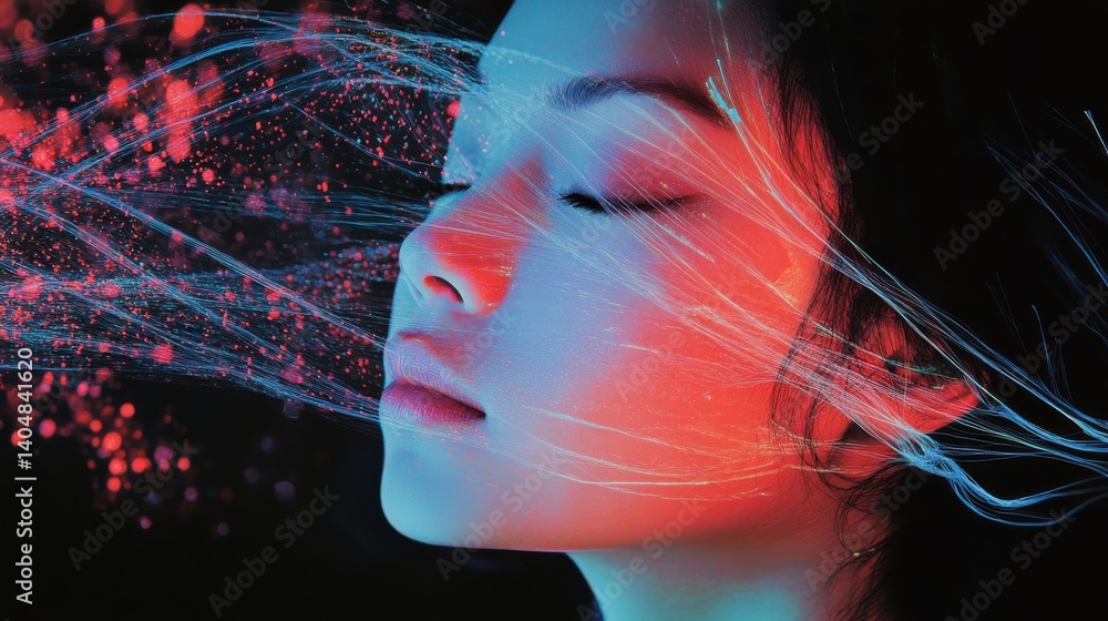 Aufkleber serene woman's profile with flowing light streams and contemplative expression for conceptual techno