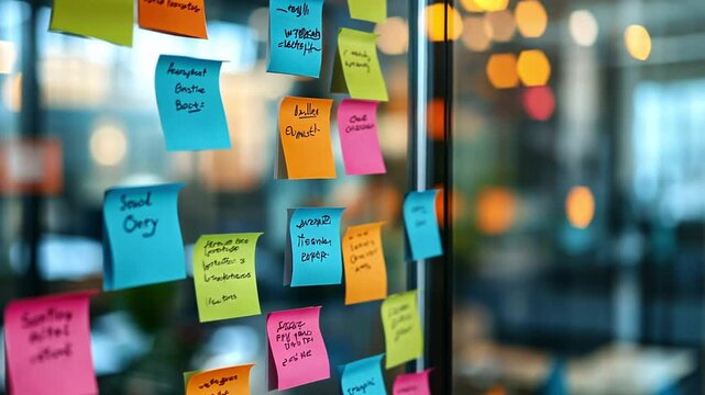 a colorful array of sticky notes on a board, used for brainstorming and organizing ideas, colorful sticky notes arranged on a board, colorful sticky notes on a whiteboard, organization, planning