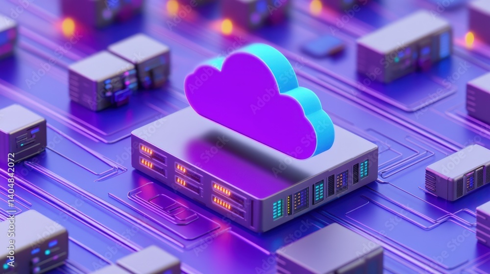 Poster a vibrant digital illustration of a cloud symbol over a network of servers, representing cloud compu