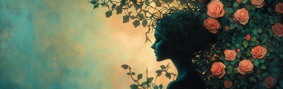 Ethereal woman's profile portrait amidst roses and foliage, showcasing beauty, nature, and artistic design, evoking serenity and p