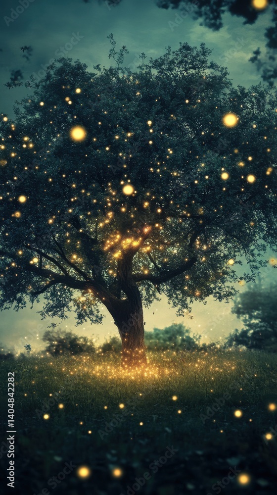 Poster enchanted tree aglow with fireflies in a mystical meadow at dusk - whimsical nature scene