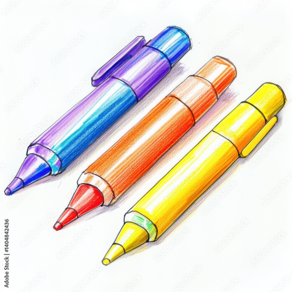 Poster Three colorful highlighting pens in diagonal row on white paper background - vibrant sketch for education and design projects