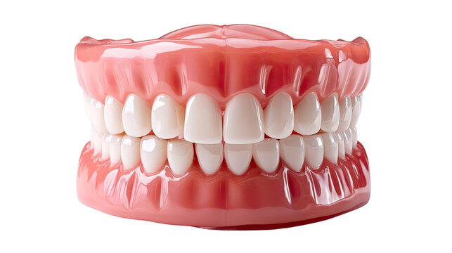 Full Denture Model: Close-up view of a full set of upper and lower artificial teeth, showcasing a healthy and complete smile.  