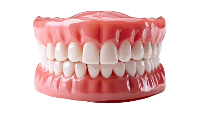 Full Denture Model: Close-up view of a full set of upper and lower artificial teeth, showcasing a healthy and complete smile.  