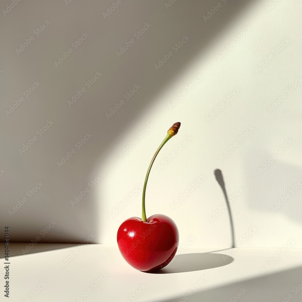 Aufkleber a single ripe cherry with a glossy red surface stands out against a minimalist white background in s