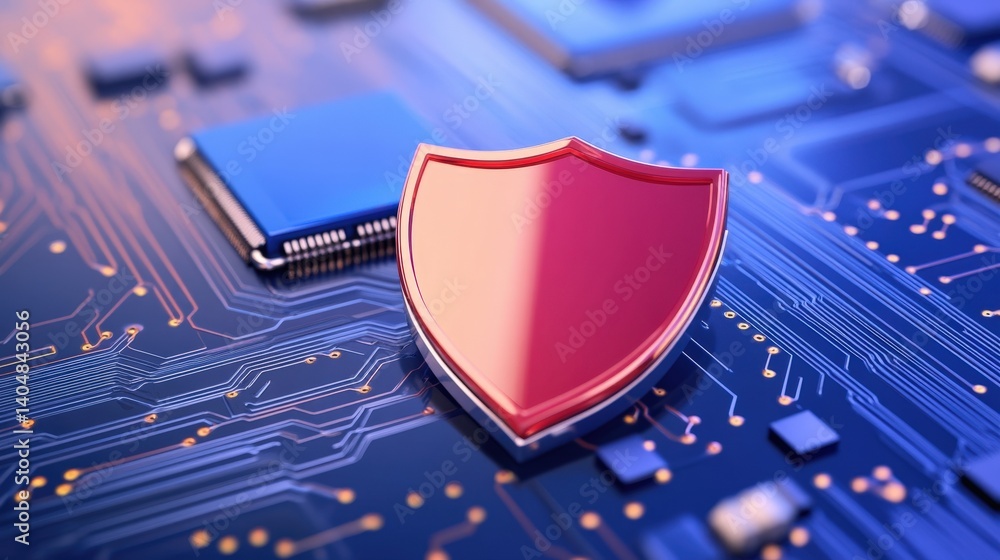 Poster a digital shield symbol on a circuit board, representing cybersecurity and protection in technology.