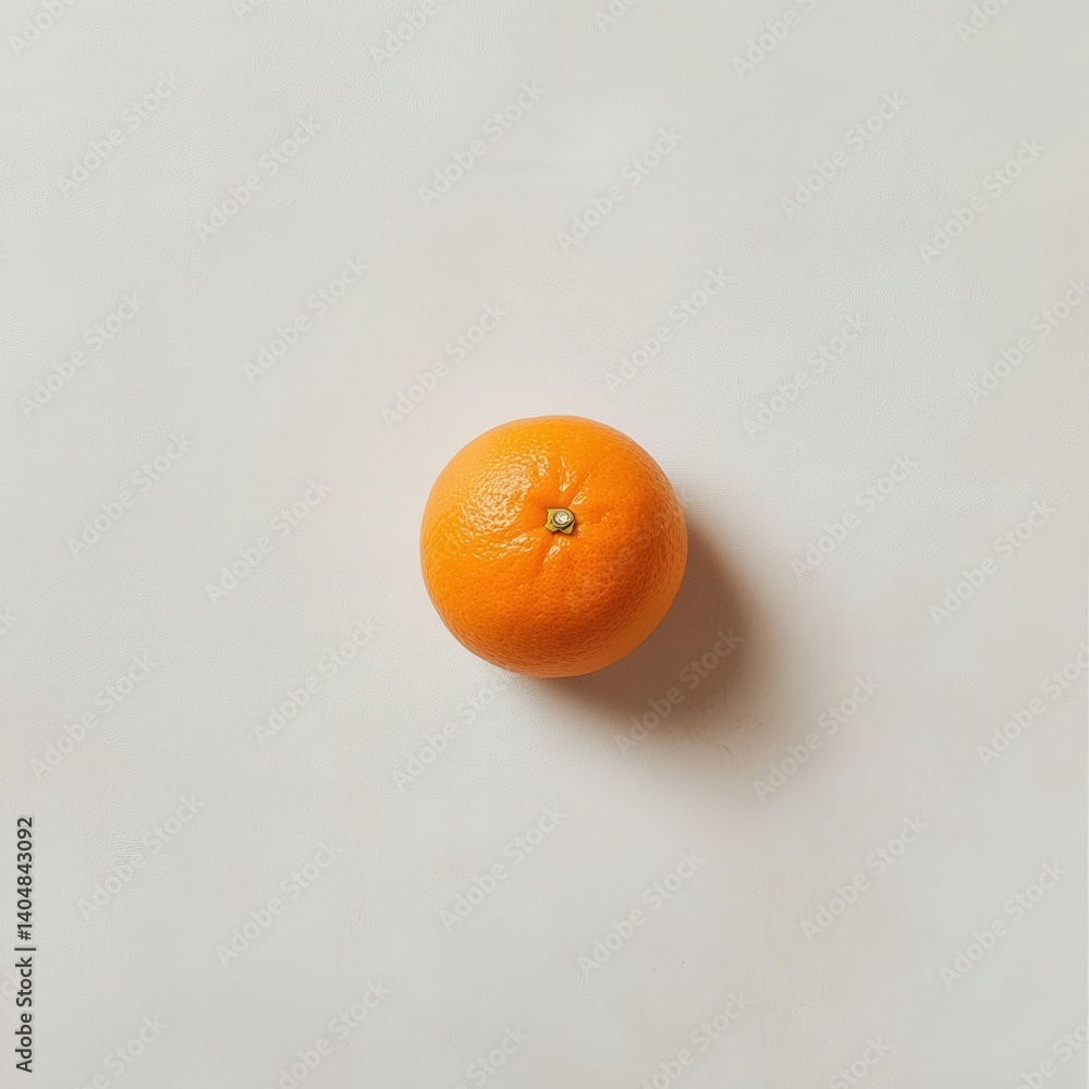Aufkleber single ripe orange with smooth peel lying flat on textured neutral background, top-down view showing