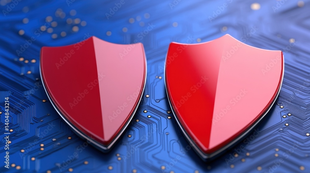 Poster two glossy red shields on a blue circuit board background, symbolizing protection and security in a 
