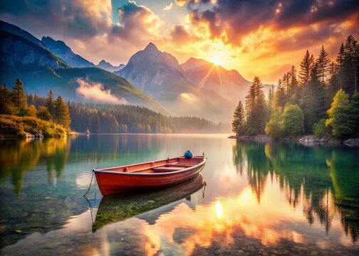 Serene Voyage: A solitary red boat drifts on the tranquil waters of a pristine lake, framed by majestic mountains and lush pine forest.
