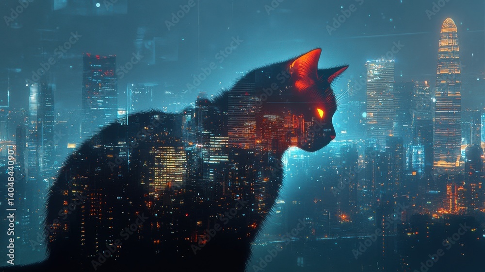 Poster silhouette of a cat filled with a futuristic cityscape at night, glowing eyes and ears, creating a c
