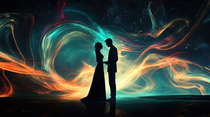 Silhouetted couple embracing against a surreal cosmic background with swirling nebulae and shimmering starlight, symbolizing eternal love