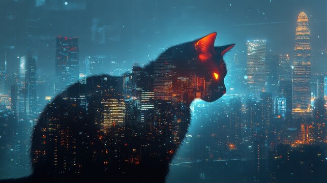 Silhouette of a cat filled with a futuristic cityscape at night, glowing eyes and ears, creating a cyberpunk atmosphere. - Powered by Adobe