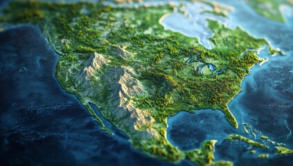 Detailed North America terrain map. Lush landscapes, mountains, forests, and oceans