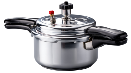 Shiny pressure cooker: The pressure cooker is shown in a studio environment, capturing the details of this essential kitchen appliance, with emphasis on its metallic finish and functionality.