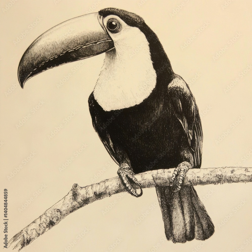 Poster toucan perched on a branch: detailed pen and ink drawing of tropical bird with large beak and textur