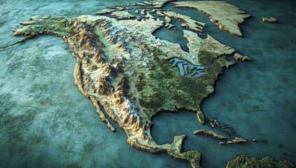 Detailed topographic map of North America.  Elevated landmasses, mountainous regions, and coastal areas are distinctly visualized, showing varied terrain