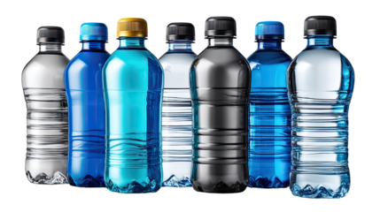 Plastic Water Bottles: A row of various colored plastic water bottles showcasing different cap colors and bottle designs, ideal for health, fitness and hydration themes.
