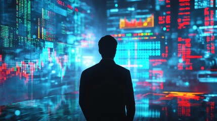 Trader's silhouette filled with animated stock market charts, numbers, and data streams on a large screen in shades of blue and red