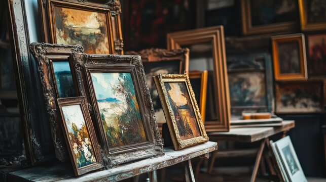 Naklejki Framed paintings stacked in antique art shop