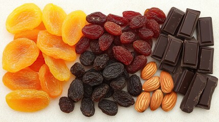 Obraz premium Healthy snack tray with dried fruit, dark chocolate, and almonds