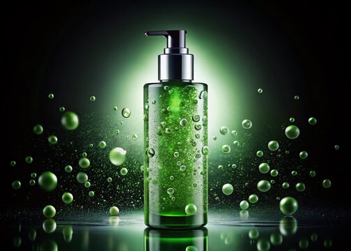 Bottle of Green Elixir: A clear glass bottle with a pump dispenser contains a vibrant green liquid, surrounded by floating bubbles and glowing particles, suggesting a cosmetic or skincare product.