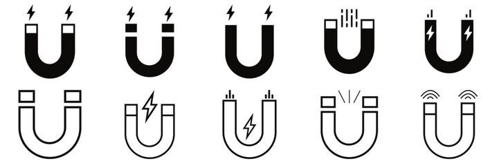 Set of  magnet icon set. Linear horseshoe magnet symbol. Electromagnetic sign in circle of  Vector illustration  