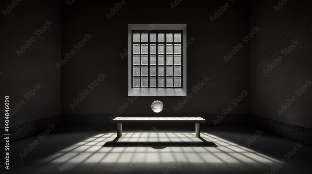 Poster a room with a window and a bench.