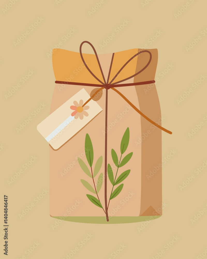 Poster a paper package of locally sourced granola tied with a twine bow and featuring a paper label with wi